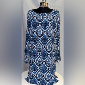 Loft long-sleeve shift dress in a blue damask or medallion print.